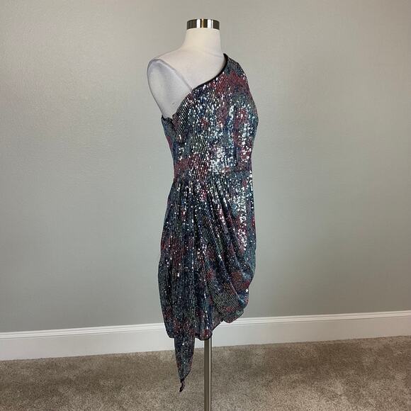 Aidan Mattox Colorful Sequin One Shoulder Mini Sheath Cocktail Dress Blue SZ 12 - Picture 3 of 14